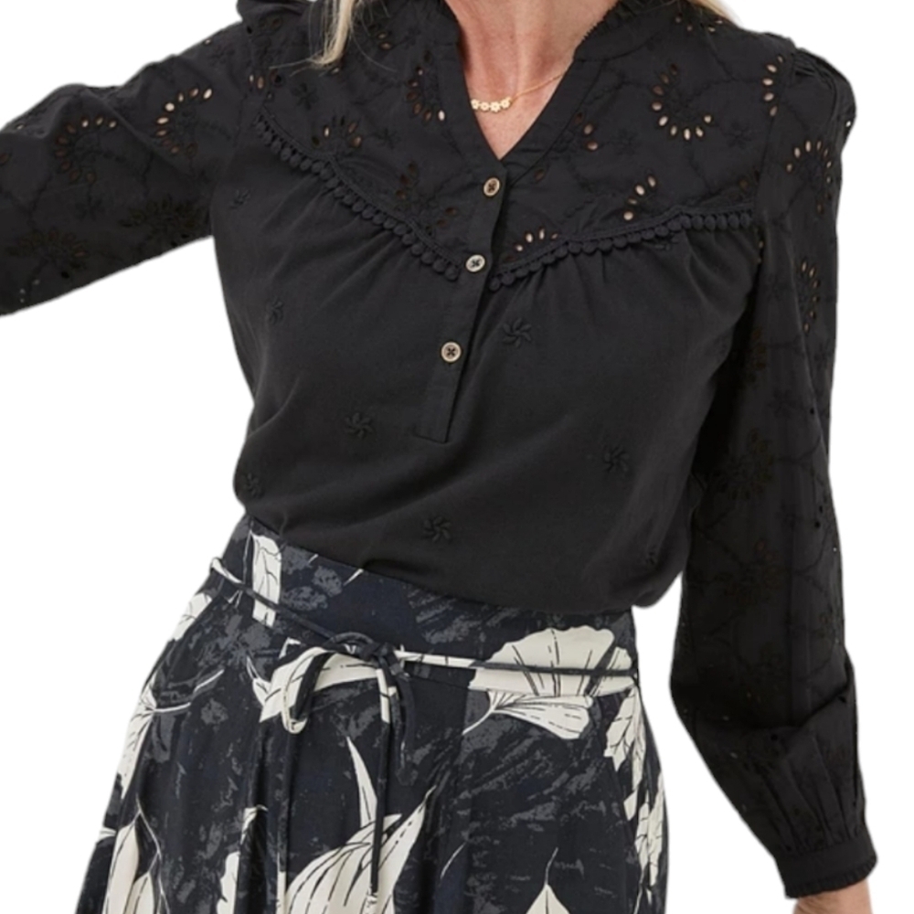 Fat Face Kerry Broderie Black Blouse Top Size 2(UK6) Eyelet Lace Detail